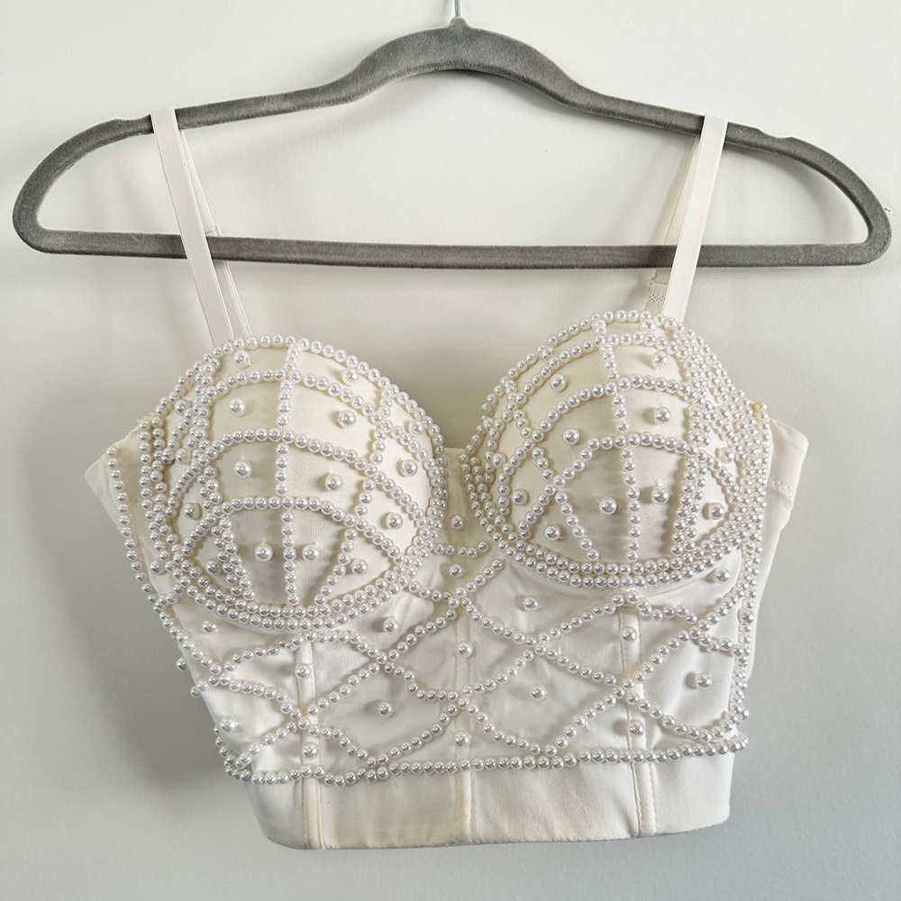 Sexy Fun Pearls Beaded Bustier Corset Crop Top Club Party Cage Bra Size Small